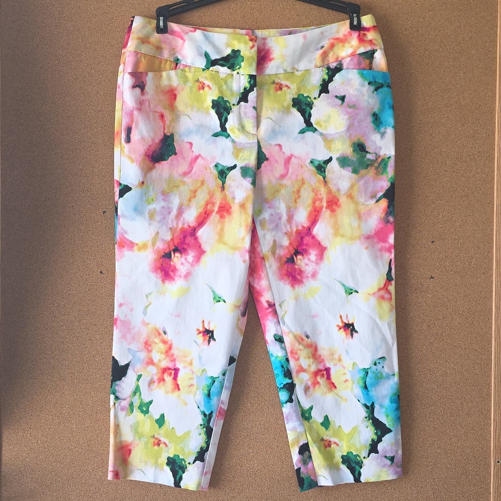 Worthington Modern Fit Floral Watercolor Ankle Pants Size 10 Pastel Capris
